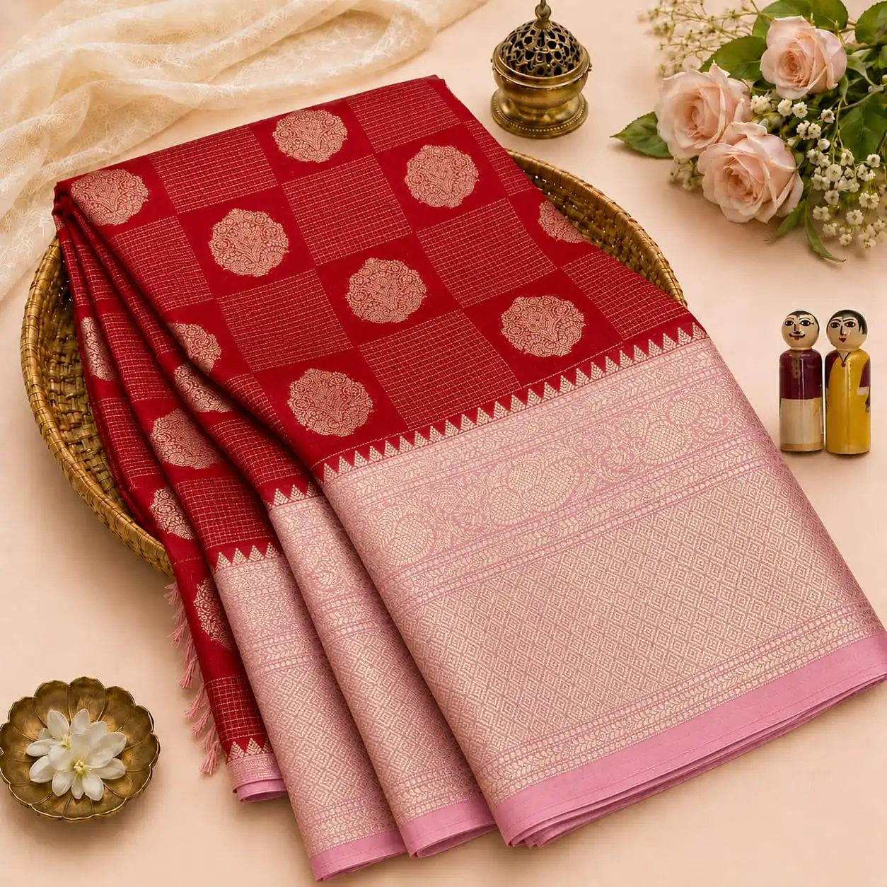 Traditional Round Motif & Grid Check Semi Silk Saree